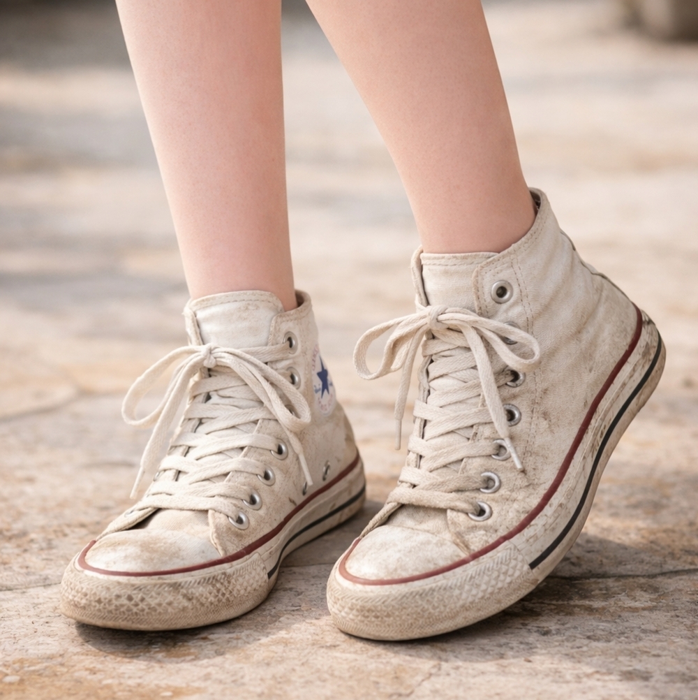 Very USED Well Worn Converse White High Top Sneakers with Red Trim